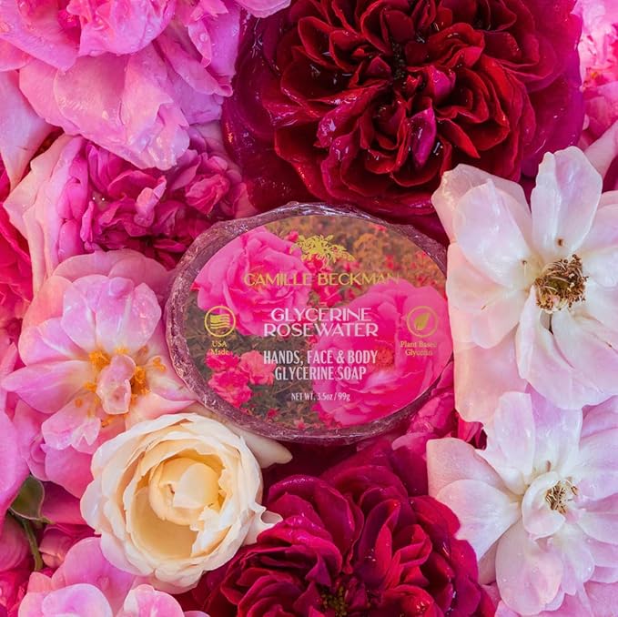 Camille Beckman Essentials Gift Basket, Glycerine Rosewater, Glycerine Hand Therapy 6 oz, Silky Body Cream 13 oz, Hand and Shower Cleansing Gel 13 oz, Glycerine Soap 3.5 oz