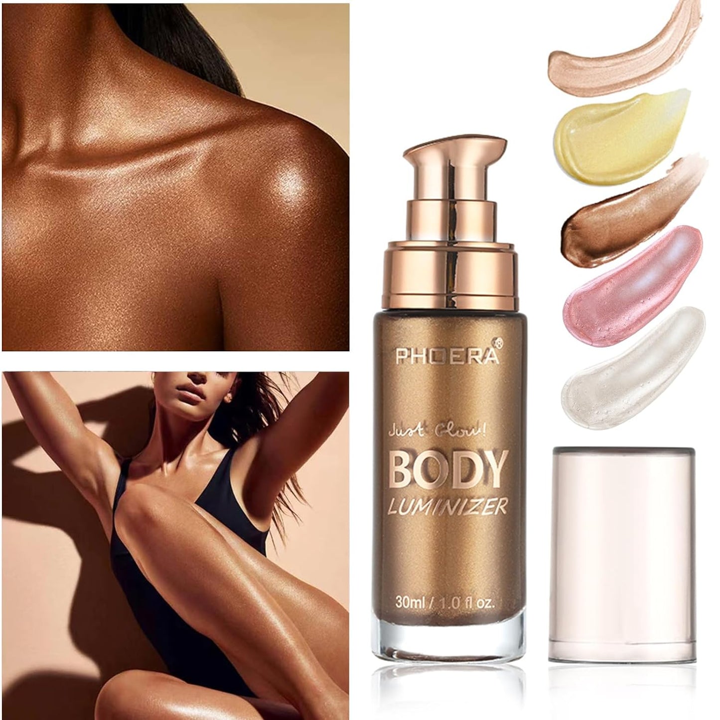 Body Shimmer Oil, Glistening Bronze Natural Glow Luminizer, Long Lasting Waterproof Moisturizing Liquid Illuminator Highlighter Makeup for a Sun-Kissed Glow, Brush Include, 1oz, Medium