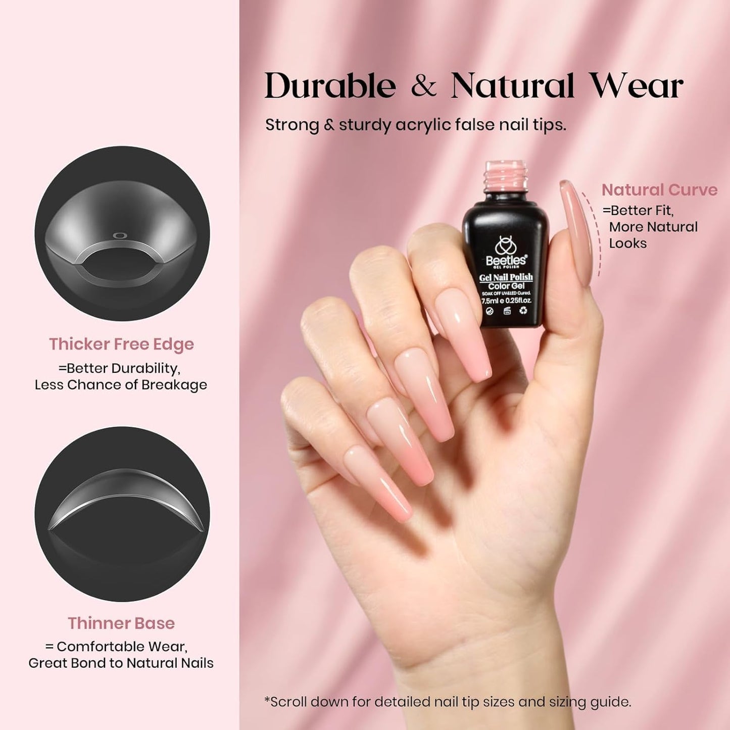 Beetles Gel Nail Kit 600Pcs Long Coffin Nail Tips with Pink Gel Polish Top Coat,15 Sizes Soft Clear Press on Nails 5 In 1 Nail Glue Uv Lamp Easy Nail Extension Set for Women