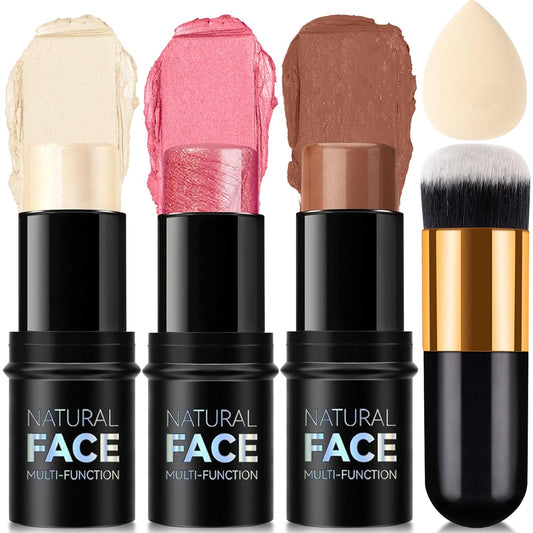 3 Colors Cream Contour Stick, Shades with Highlighter Stick,Blush Stick and Bronzer Contour Stick for Sculpt the Cheeks,Long Lasting,Waterproof,Matte & Dewy Finish for Women (LIGHT(1+3+4))