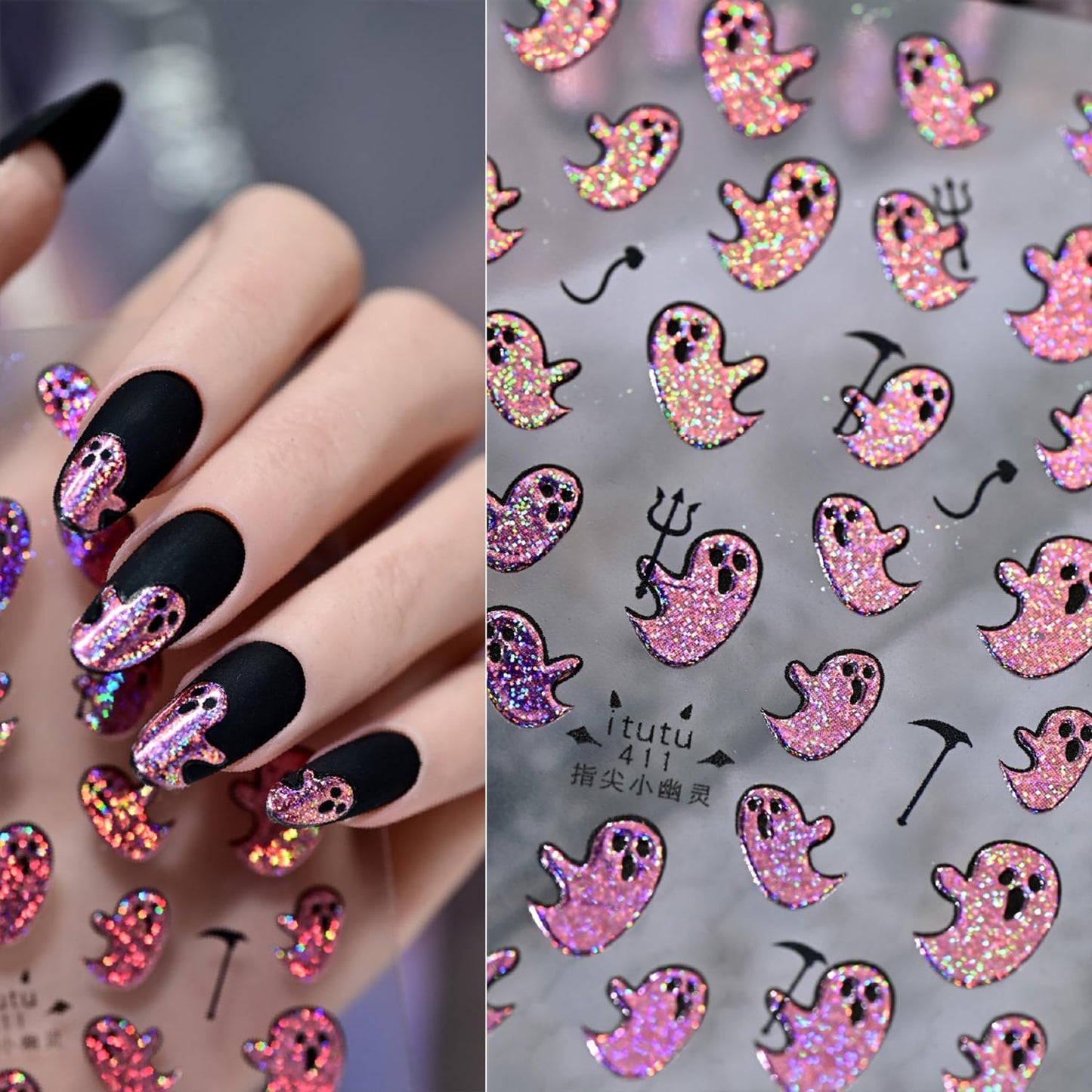 Halloween Nail Stickers for Nail Art Colorful Glitter Pink Cute Ghost Nail Art Stickers 5D Embossed Nail Decals 3D Self-Adhesive Nails Supply Manicure Sliders for Nails Decoration