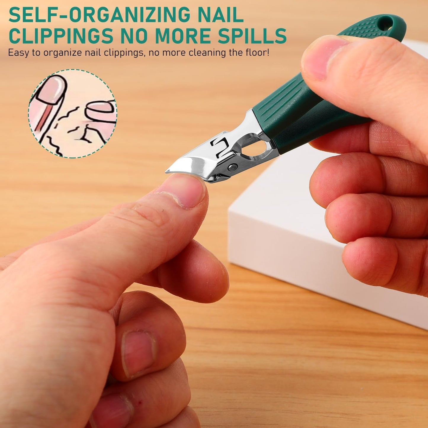 Eagle Beak Beveled Nail Clippers, Upgrade Stainless Steel Wide Jaw Opening Anti-Splash Nail Clipper Set of 3-Piece, Long Handle Angled Nail Clipper for Ingrown & Thick Nail for Men Women (Green)