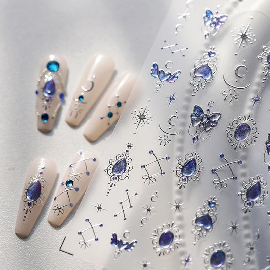 Blue Nail Art Sticker Decals Jelly Nail Stickers 5D Embossed Self Adhesive with Line Design Star Moon Nails Decals Nails Charms for Women Girls Kid Manicure Supply DIY Decoration Accessories