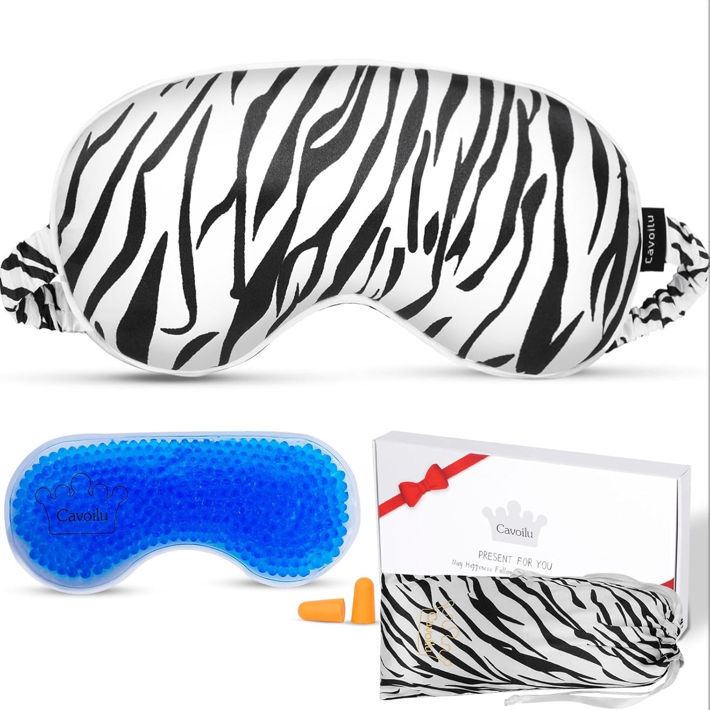 Sleep mask w/Cooling Gel Eye Mask, Heated Eye Mask for Sleeping, Reusable Ice Silk Stain Eye Cover Sleeping Mask for Travel, Home, Office, Yoga, Total Blackout, Stocking Stuffer (Zebra)