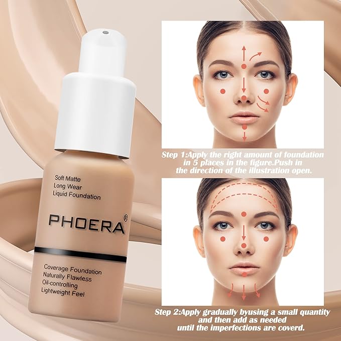 PHOERA Foundation Makeup Naturally Liquid Foundation Full Coverage Mattle Oil-Control Concealer 8 Colors Optional,Great Choice For Gift (#103 Warm Peach,30ml)