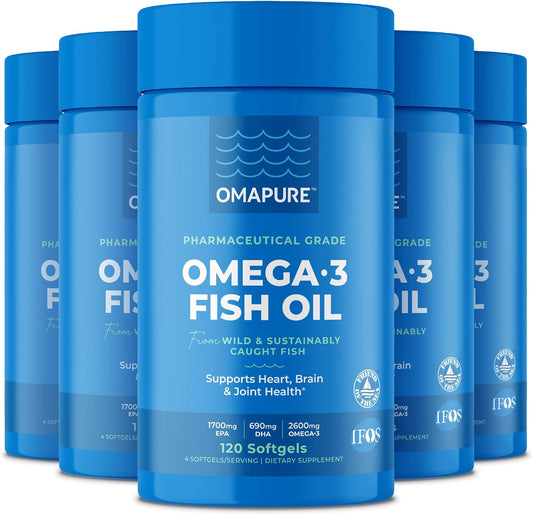 Fish Oil Supplements with Omega 3 Fatty Acids (5 Bottle, 120 Softgels) - High EPA, DHA, & IFOS Fish Oil Pills Support Heart & Joint Health - Burpless Fish Oil Promotes Brain Function