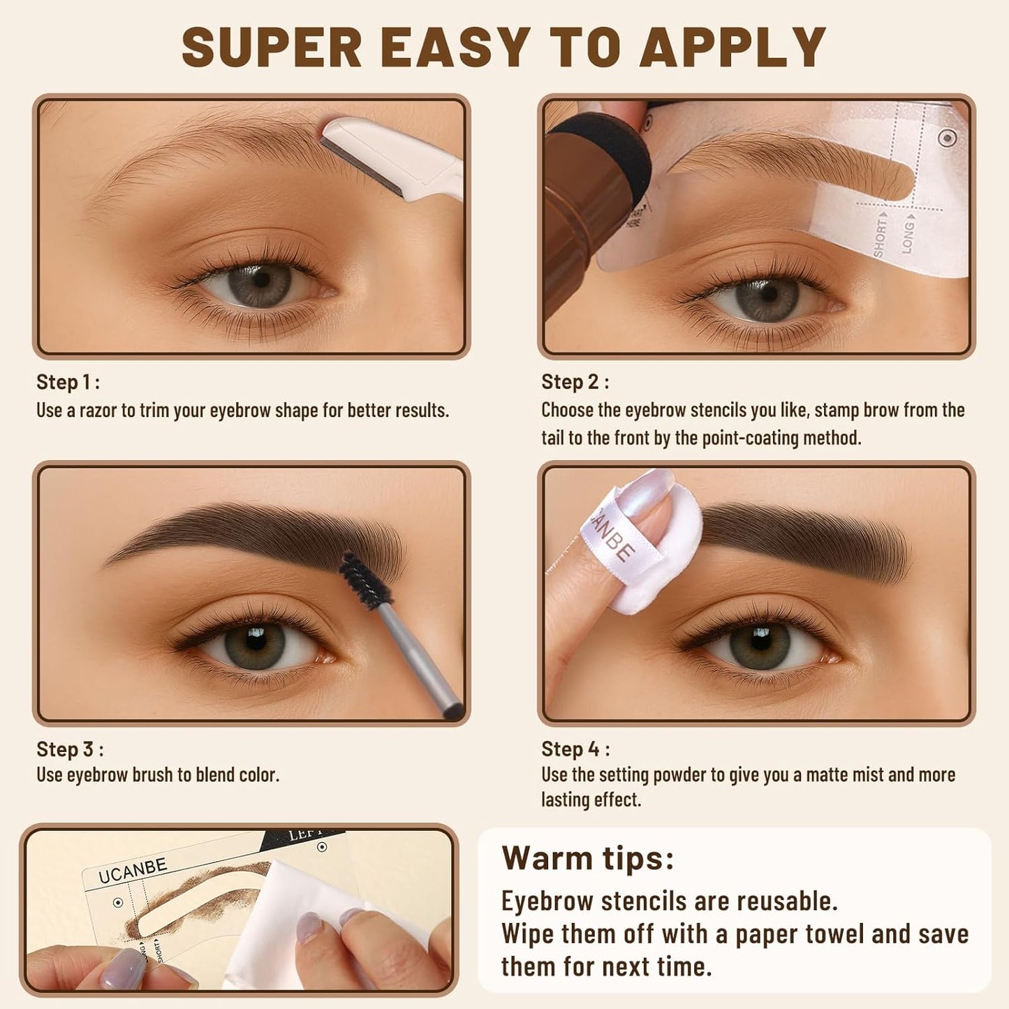 UCANBE 25PCS Eyebrow Stamp Stencil Kit With Dual-Color Eyebrow Stamp Pomade,20 Reusable Eyebrow Stencils,Finising Powder,Brush,Eyebrow Razor,Zipper Pouch,Waterproof Eye Brow Stamping and Shaping Kit05