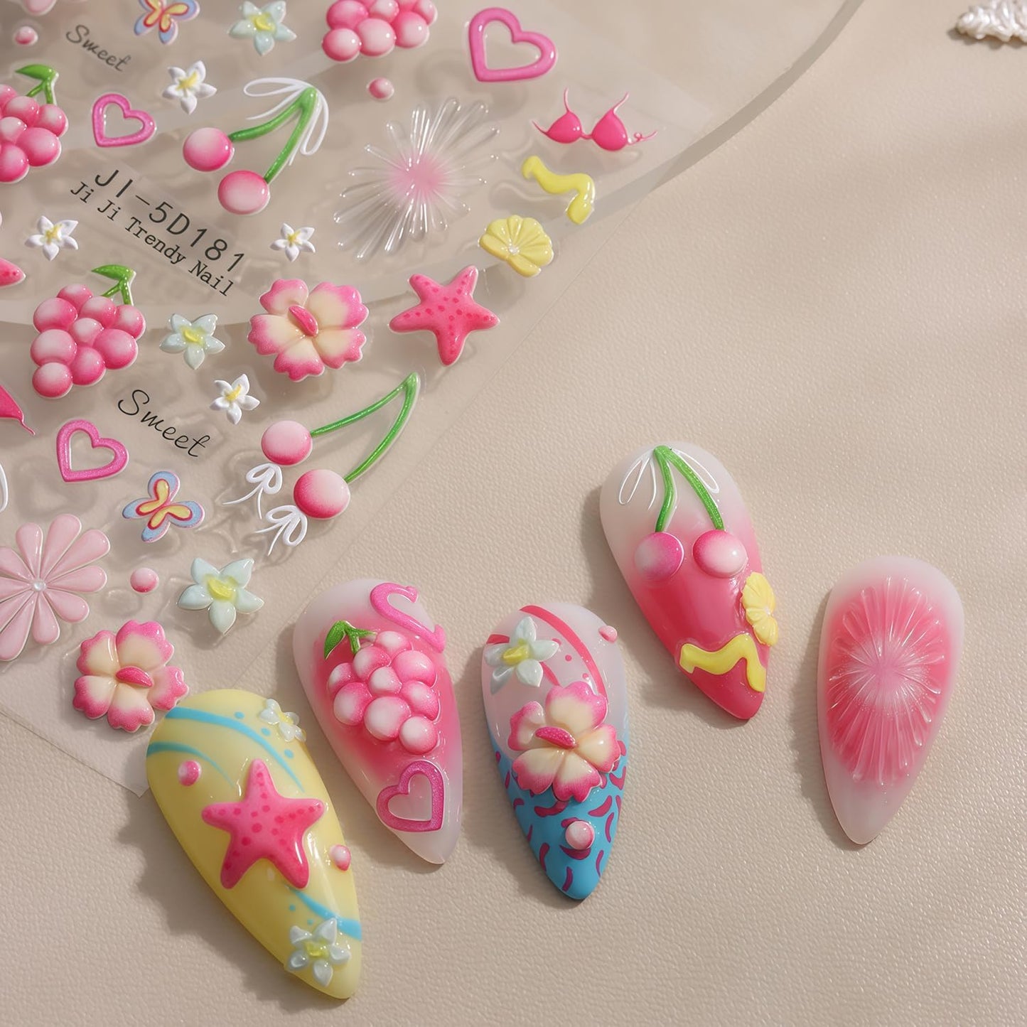 Summer Nail Stickers for Nail Art 5D Embossed Flower Butterfly Bow Heart Cherry Starfish Ocean Theme Style Design Stickers Beach Nail Decals Salon Manicure DIY Decoration Kit for Women Nails