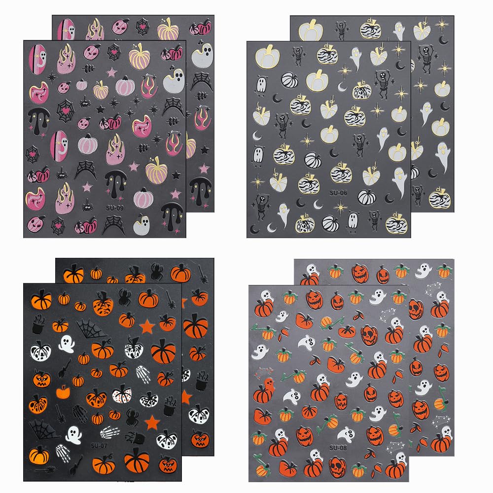 8Sheets Halloween Nail Art Stickers Cute Ghost Pumpkin 3D Self-Adhesive Nail Decals Spider Web Blood Flame Designs Nail Decorations Fall Thanksgiving Nail Supplies for Women DIY Manicure Art