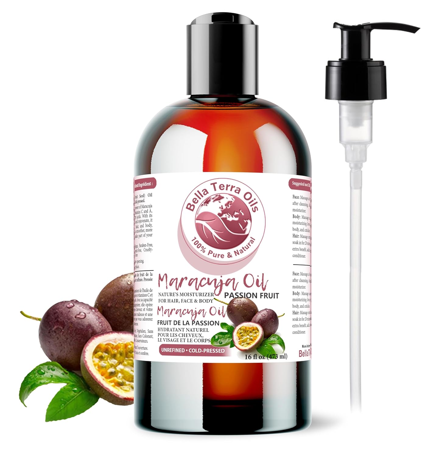 Bella Terra Oils - Maracuja Seed Oil 16oz - Cold-Pressed Purity from Passion Fruit Seeds, Infused with Essential Minerals & Fatty Acids, A Beacon for Skin Care Enthusiasts