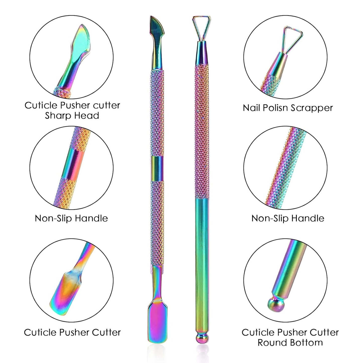Cuticle Trimmer with Cuticle Pusher and Cutter,YINYIN Cuticle Remover Cutter Nipper Clippers Durable Pedicure Manicure Tools for Fingernails and Toenails(Rainbow)