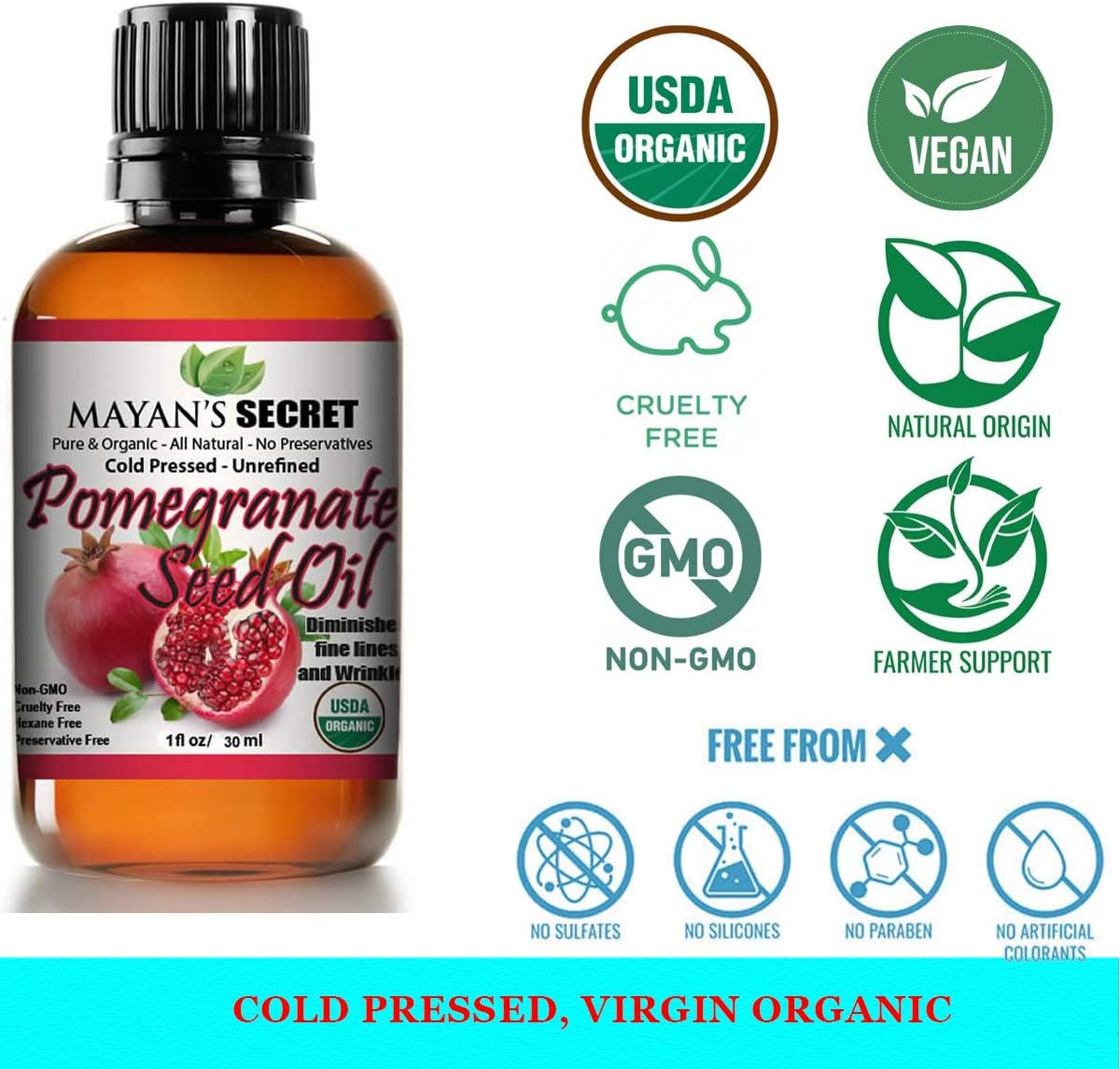 Mayan's Secret Pure Carrier and Essential oils for Skin Care, Hair, Body Moisturizer for Face-Anti Aging Skin Care (Pomegranate Seed Oil Organic, 4oz)