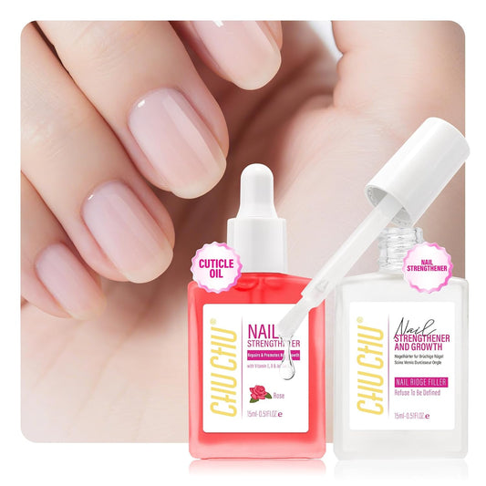 2 in 1 Nail Strengthener and Rose Cuticle Oil Set: Clear Nail Hardener Polish Extra Strong and Growth - Repair Brittle Damaged Dry Nail and Cuticle - for Women Beginner Home Salon Gift