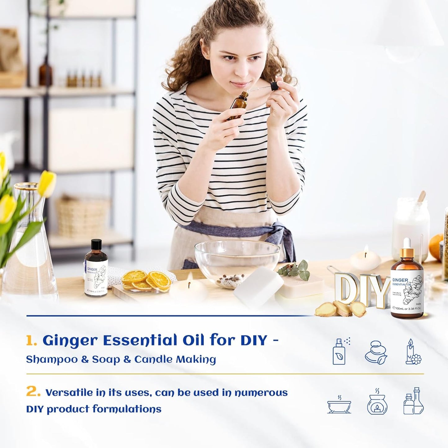 HIQILI Pure Ginger Essential Oil 3.38 Fl Oz, Pure Natural Premium Ginger Oil for Massage, Diffuser, Large Bottle with Dropper & Gift Box -100ml
