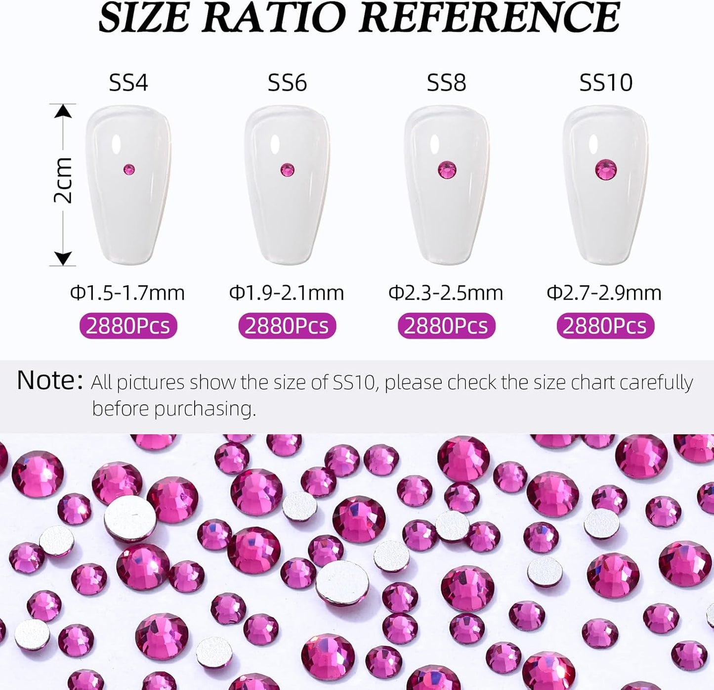 Fuchsia Flatback Rhinestones, Glass Rhinestones for Nail Art and Craft, Glue Fix, Loose Crystal Gemstones(Fuchsia, SS10, 2880pcs, 2.7-2.8mm)