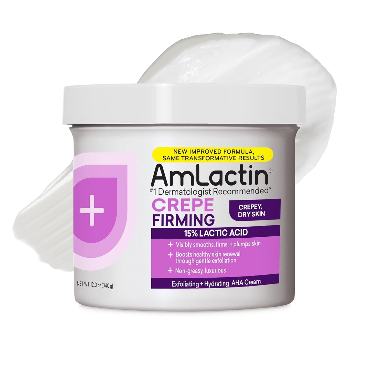 AmLactin Crepe Firming Cream - 12 oz Body Cream with 15% Lactic Acid - Exfoliator and Moisturizer for Crepey, Dry Skin (Packaging May Vary)
