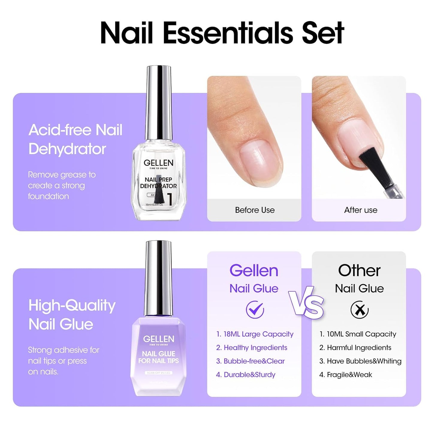 Gellen 18ML Nail Glue Gel and Nail Prep Dehydrator, 4 in 1 Soak Off LED UV Glue for False & Acrylic & Clear Press on Nails, Long Lasting for 28+ Days