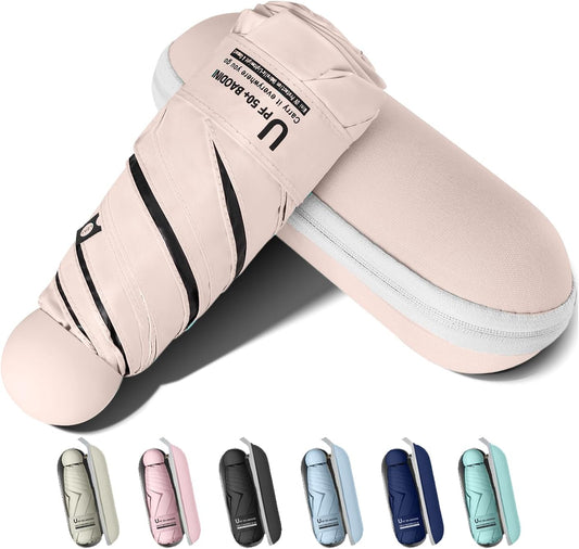 BAODINI Travel Essentials Mini Umbrella for Purse With Case Small Compact UV Sun Protection Lightweight Tiny Pocket Manual Open Close Umbrella for Women Kids and Men Fit Purse Backpack