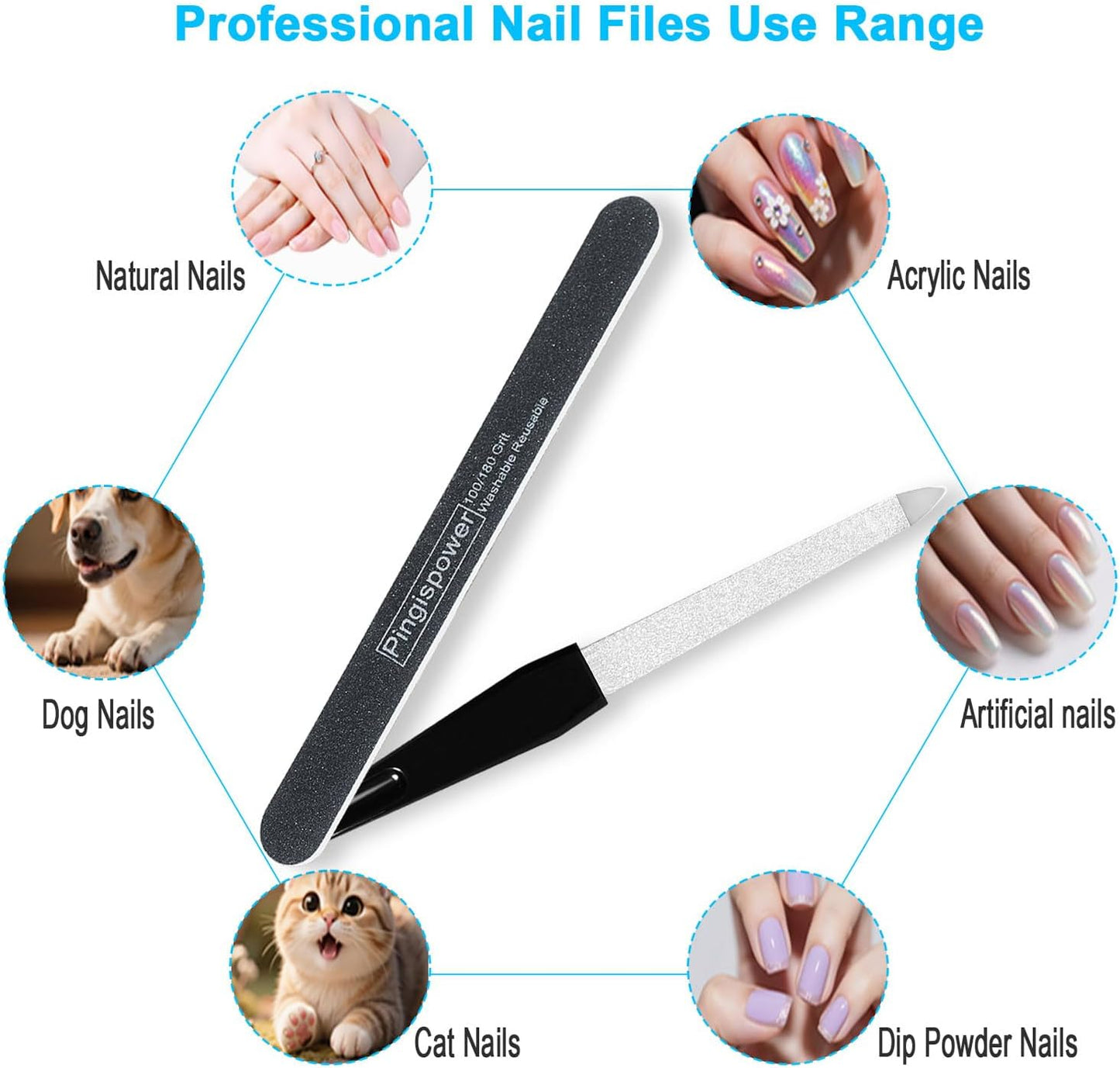Nail Files Set, 14PCS Professional Metal Nail File & Emery Boards for Natural Nails (100/180 Grit), Double Sided Reusable & Washable Manicure Kit for Women, Home & Salon