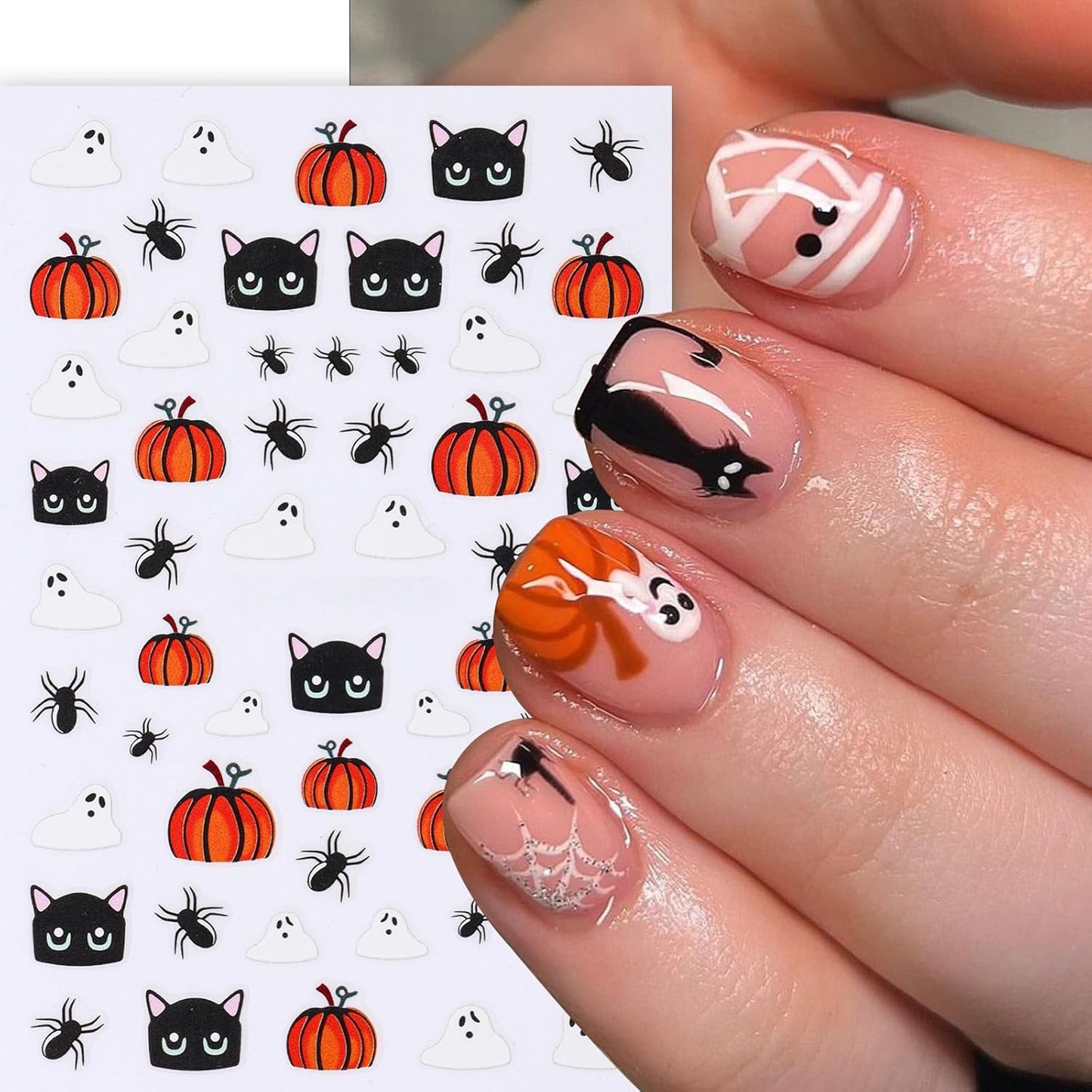 8Pcs Halloween Nail Art Stickers Decals Cute Ghost Pumpkin 3D Self Adhesive Nail Decals Flower Spooky Mushroom Ghost Nail Design Pumpkin Cats Spider Bats French Manicure Supplies for Women Nail Decor