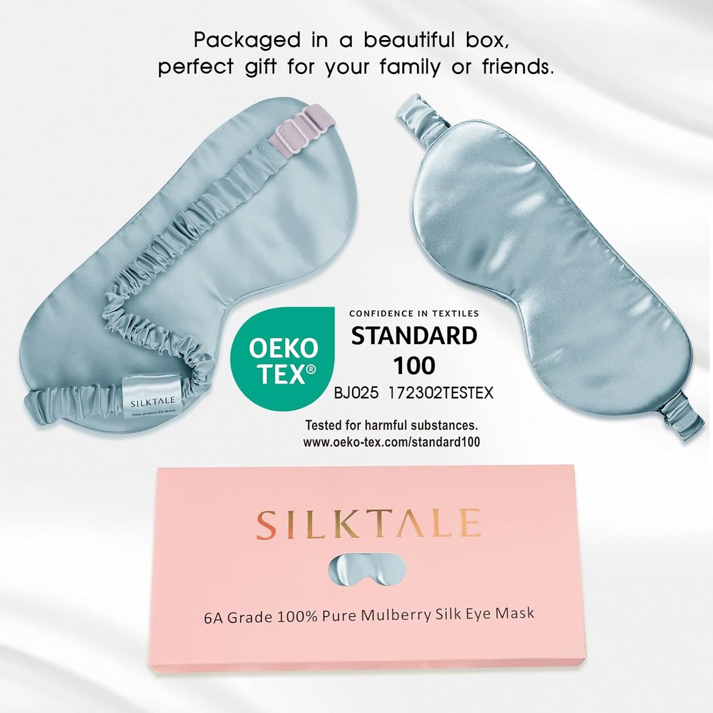 Mulberry Silk Blackout Adjustable Sleep Eye Mask for Men/Women Travel Plane,Pale Blue