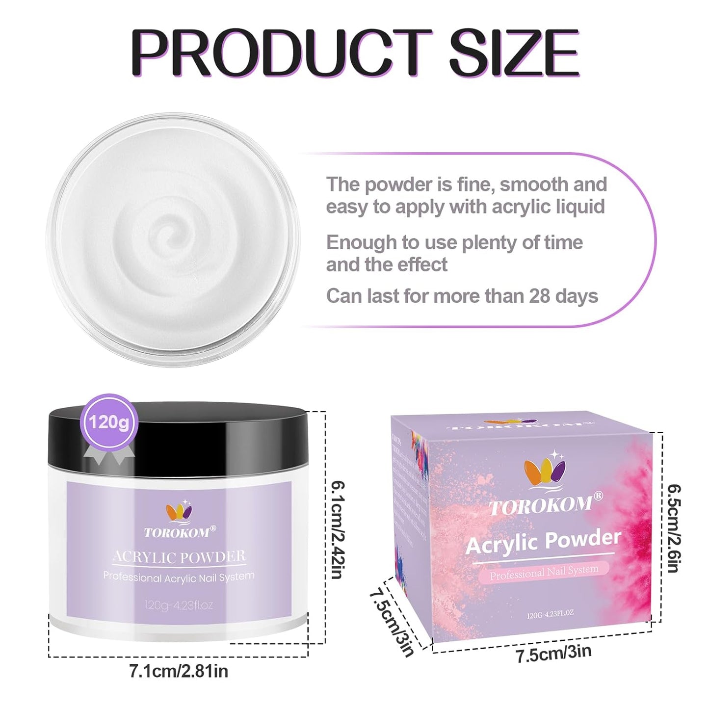 TOROKOM White Acrylic Powder, 120g/4.23oz Acrylic Nail Powder Large Capacity Acrylic Dip Powder for Nails Self-Leveling Acrylic Extension Powders, 3D Nail Carving, Long-Lasting, No Nails Lamp Required