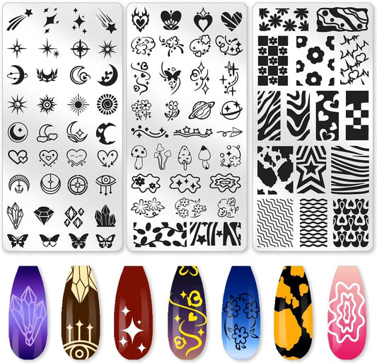 3Pcs Sun Moon Nail Stamping Plate Heart Nail Stamping Templates French Line Tip Art Stamp Sun Moon Plates Stainless Steel DIY Reusable Tools for Manicure Printing