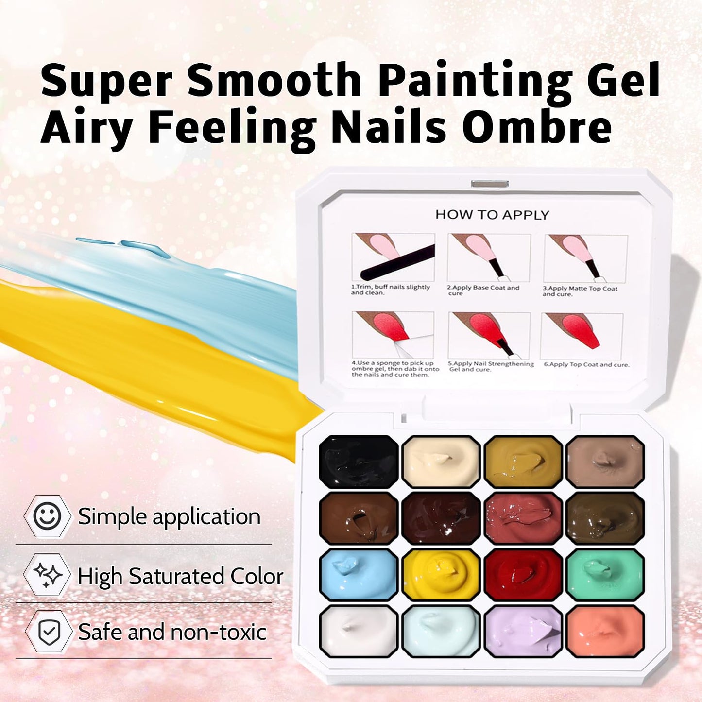 Sponge Pat Paint Nail Gel, Ombre Nails Gradient Gel Nail Blush Blooming Aura Nails Drawing Stripper Floral Painting DIY Nail Art, No Wipe, UV/LED Curing (16 Colors A)