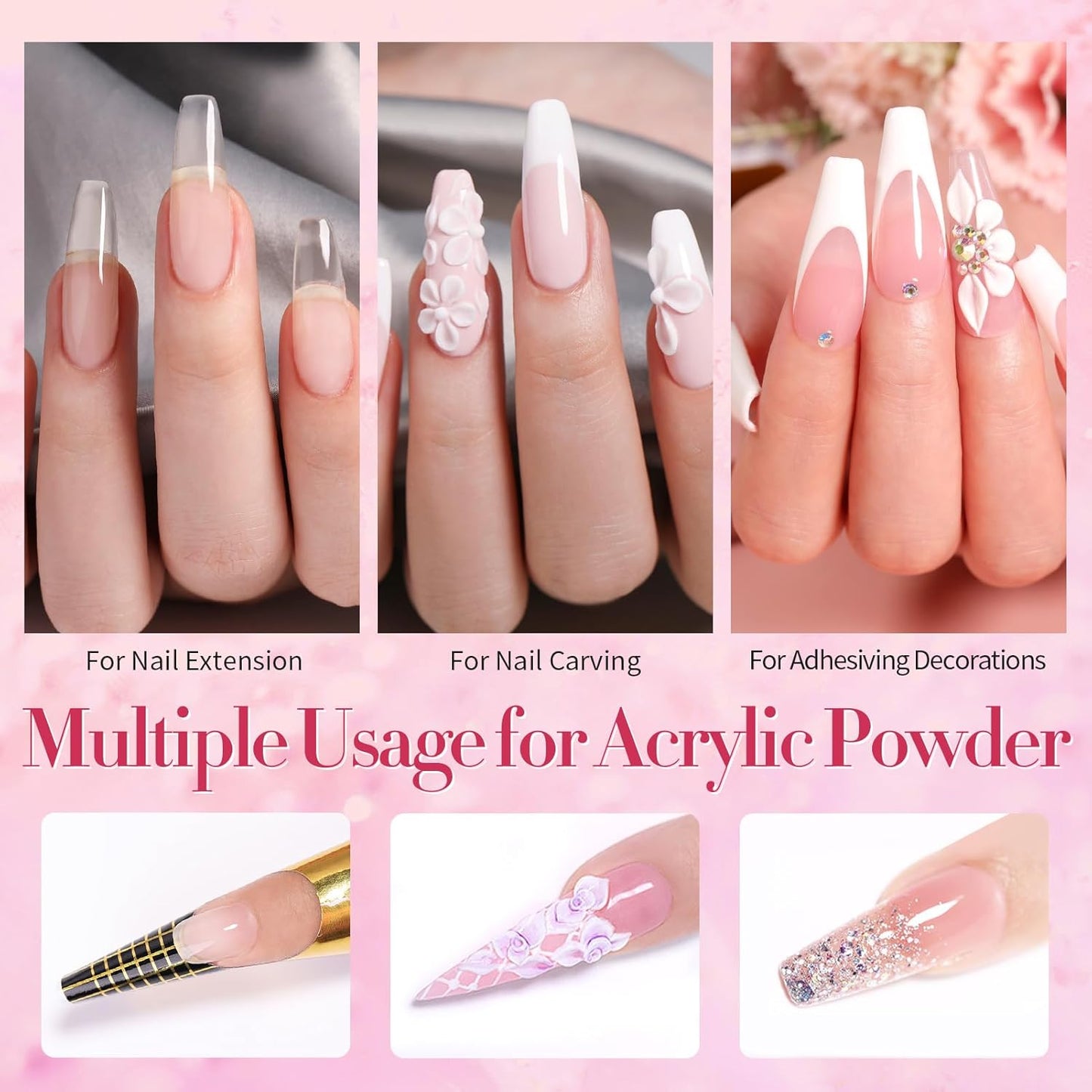 BORN PRETTY Acrylic Nail Kit - Acrylic Powder (Clear, White, Pink) & Liquid Set with Nail Forms, Brush Pen, File & Glass Container - Beginner Friendly