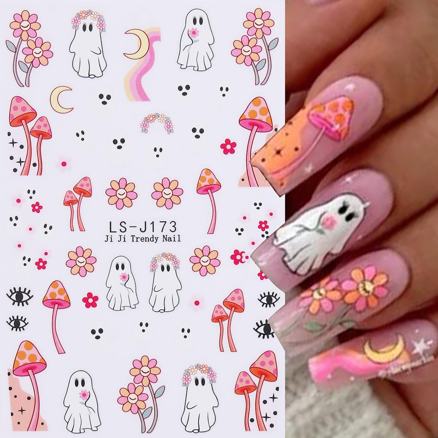 Halloween Nail Stickers Fall Nail Decals Ghost Pumpkin Floral Mushroom Designs Autumn Stickers DIY Nail Art Decoration Holiday Nails Art Supplies 7Pcs