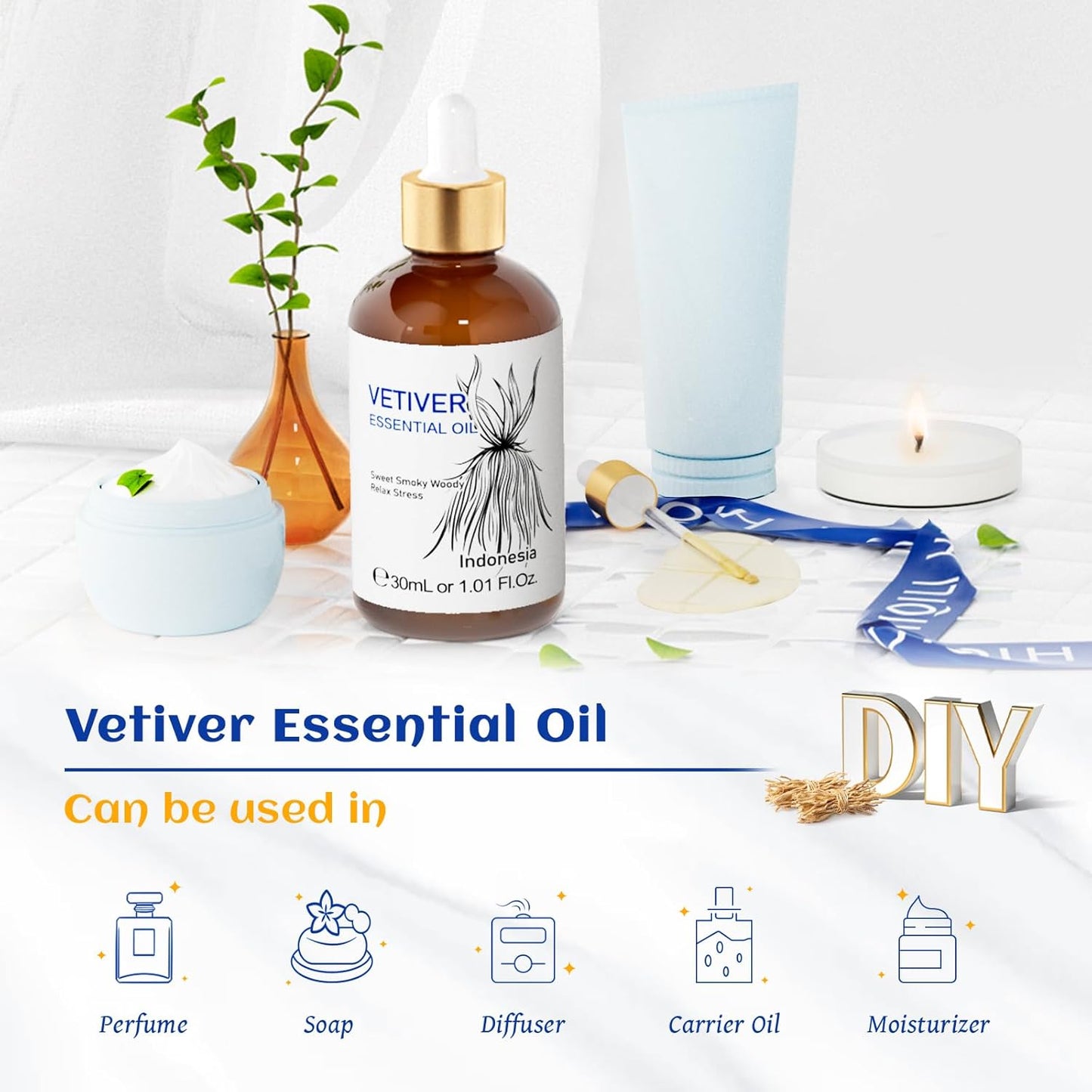 HIQILI 1 Fl Oz Vetiver Essential Oil, 100% Pure Natural for Skin, Candle Making - 30ml