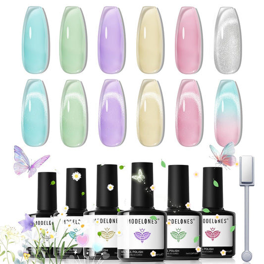 modelones Gel Nail Polish Set, 6 Colors Silver Cat Eye Gel Polish Translucent Pastel Sheer Pink Yellow Lavender Purple Baby Blue Mint Green Jelly Nail Polish with Magnet LED Manicure DIY Gift