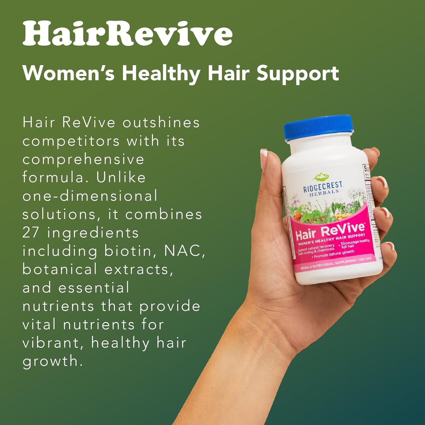 RidgeCrest Herbals Hair ReVive, Nutritional Hair Supplement with Vitamin C, Biotin (6000mcg), Zinc, and Copper, Hair Vitamins for Women to Support Healthy Hair, Skin, and Nails (120 Caps, 30 Servings)