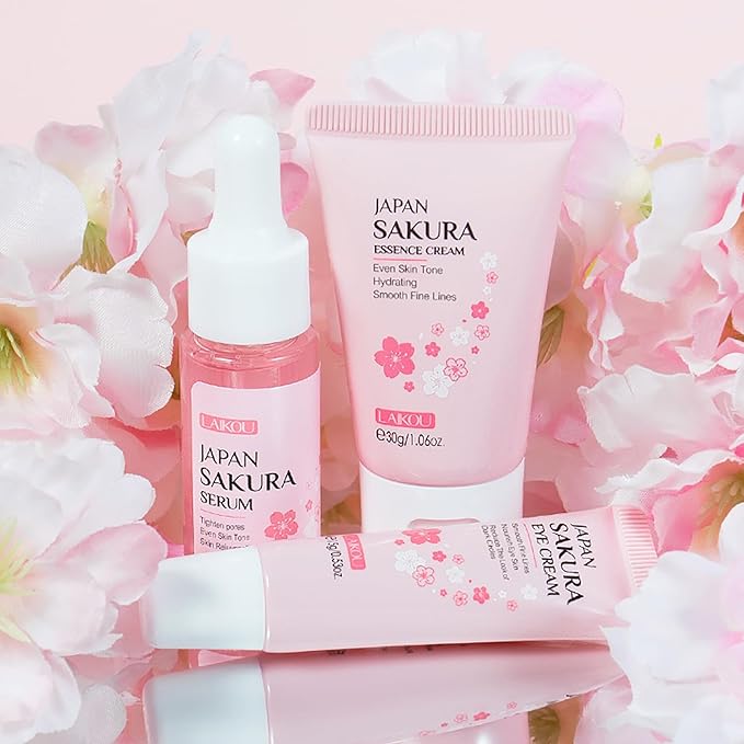 Skin Care Set JAPAN SAKURA Women Beauty Gift Sets Skin Care Kit with Serum, Eye Cream, Face Cream Travel Kit for Women Wife Mom Teen Girls TSA-friendly Sizes Birthday Gift 3pcs