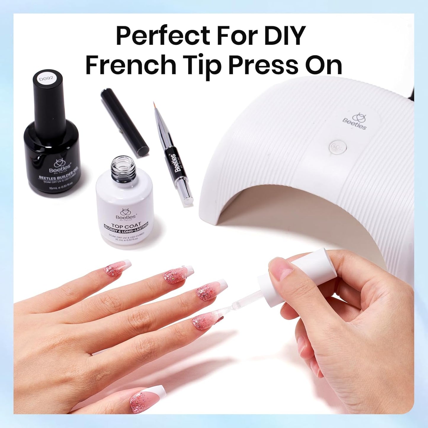 Beetles Builder Gel and Extra Glossy Top Coat No Wipe for Nails, 15ml Low Heat Hypoallergenic Clear 7 in 1 Builder High Shine Long Lasting Top Coat Gel Nail Polish with Detachable Liner Nail Brush