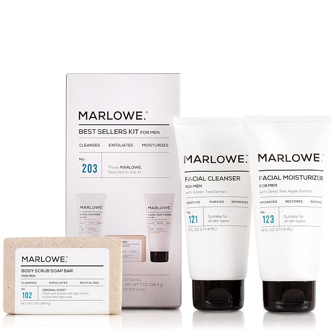 MARLOWE. Best Sellers Kit | No. 203 | Features Signature Body Scrub Soap Bar, Men's Facial Cleanser & Facial Moisturizer | Great Gift for Men