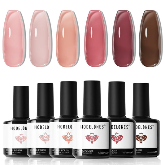 Modelones Gel Nail Polish Set 6 Colors Nude Red Pink Brown Transparent Gel Polish Kit Neutral Clear Crystal Translucent Manicure Sheer Nails Art Trend Home DIY Manicure Gift For Women Girl