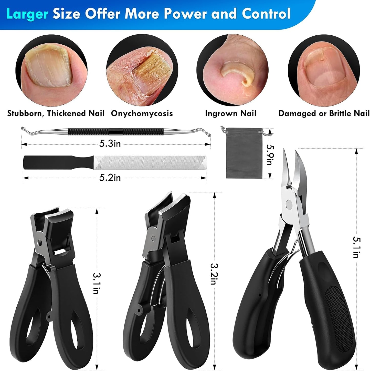 Professional Ingrown Toenail Tools Kit for Seniors,Wide Jaw Straight Nail Clippers,Large Angled Nail Clipper Cutters for Heavy Duty Thick Toe Nails or Fingernail,Manicure Set for Men Women