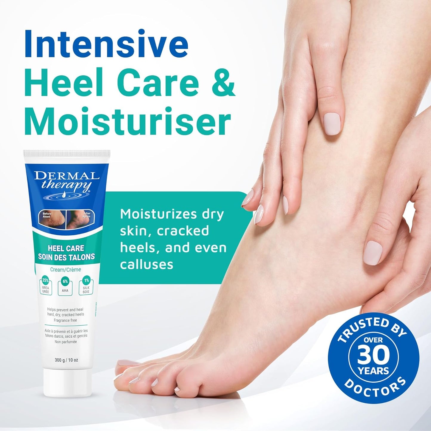 Dermal Therapy - Heel Care Cream, Foot Cream for Dry Cracked Heels, Intense Foot Moisturizer with Urea and AHA, Foot Lotion with Non-Greasy Formula, 300g