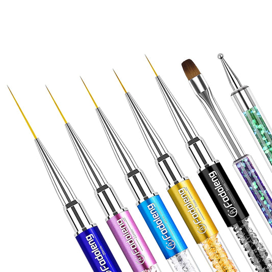 Nail Art Brushes, 7Pcs Nail Design Brushes for Salon at Home DIY Manicure with Nail Liner Brush and Double-ended Fine Nail Art Pen (7/9/11/15/20mm)
