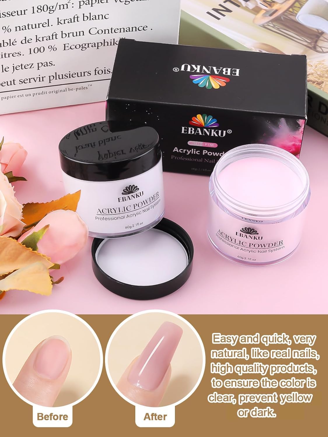 EBANKU Acrylic Nail Powder Set, 2 Colors Pink White Acrylic Powder Professional Nail Acrylic Powder for Nail Acrylic Extension, Nail Carving, Long-Lasting, No Nail Lamp Needed, 2.1 oz