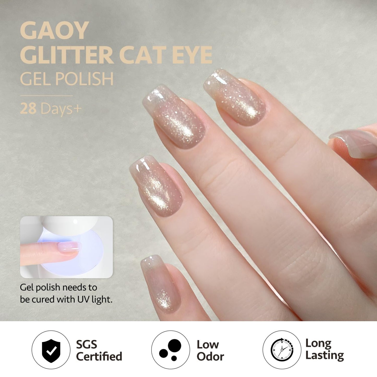 GAOY Glitter Cat Eye Gel Nail Polish Set with Magnet, Sliver, Brown, Pink, Coral Holographic Cat Eye, Salon Gel Manicure and Nail Art DIY at Home, Sunshine