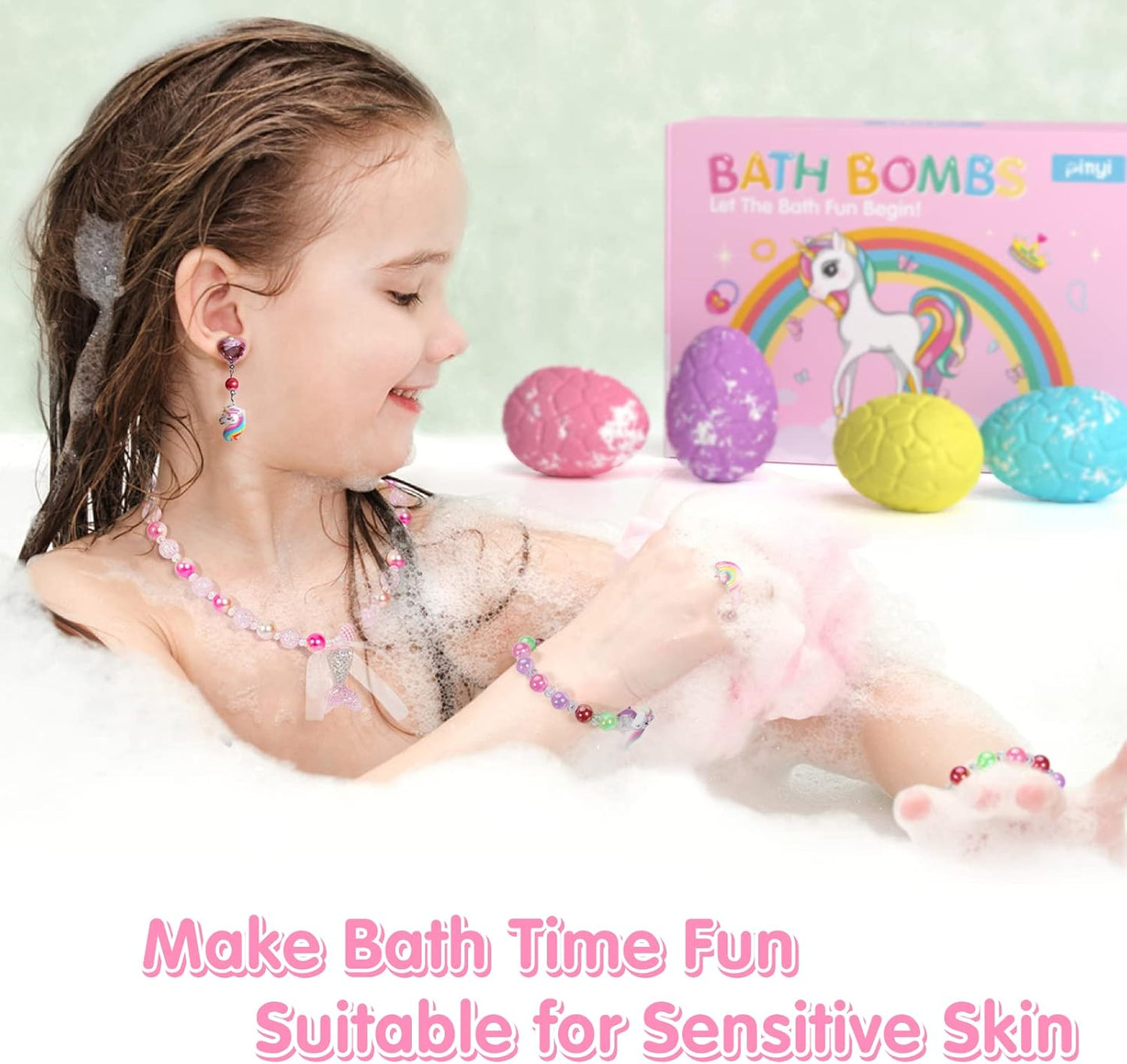 Unicorn Bath Bombs for Girls with Surprise Inside, 12+1 Pack Girls Kids Bath Bombs with Jewelry Toys Inside and Mermaid Necklace, Pink Princess Bath Bomb for Kids 3 4 Year Old Girl Birthday Gifts