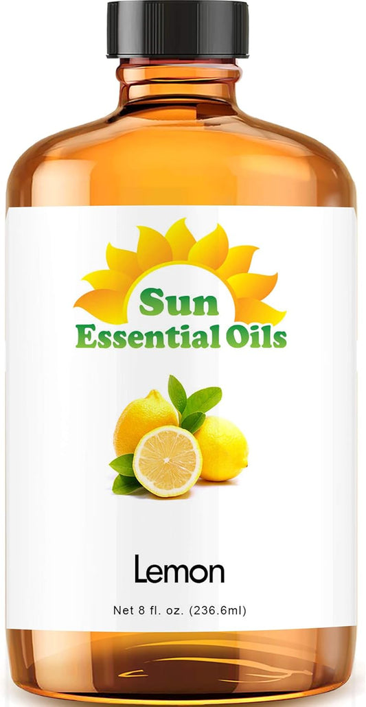 Sun Essential Oils - Lemon Essential Oil 8 oz for Cleaning, Diffuser, Humidifier & Aromatherapy Body Massage, Lemon Fragrance Scent for Home Candle Making with Dropper