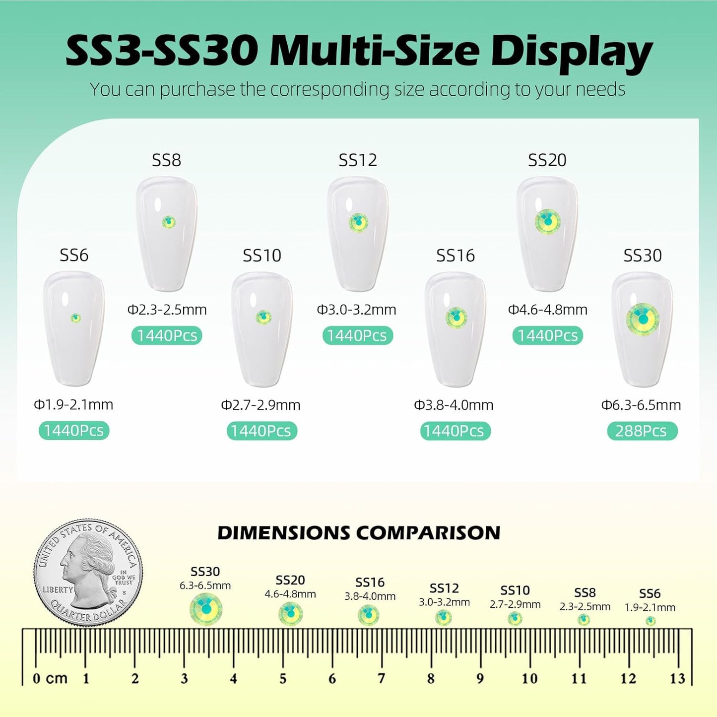 F Green Flatback Rhinestones, Glass Rhinestones for Nail Art and Craft, Glue Fix, Loose Crystal Gemstones(F Green, SS12, 1440pcs, 2.9-3.0mm)