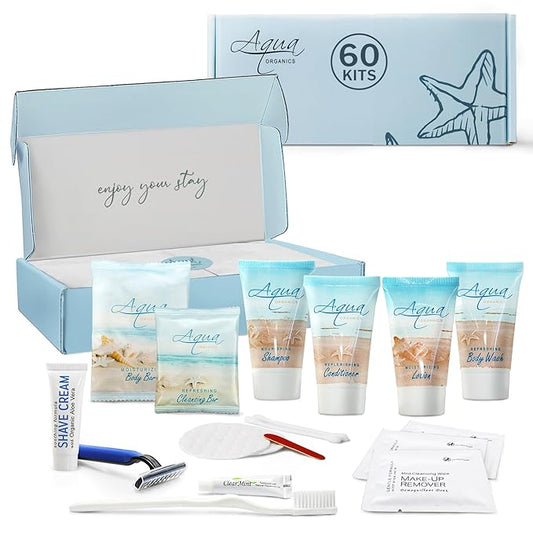 Aqua Organics Amenity & Accessory Kit|1oz Travel Size Shampoo,Conditioner,Lotion,Body Wash,Body Bar, Cleansing Bar, Shave & Dental Sets, Make-Up Remover Wipes & Vanity Kit|60 sets