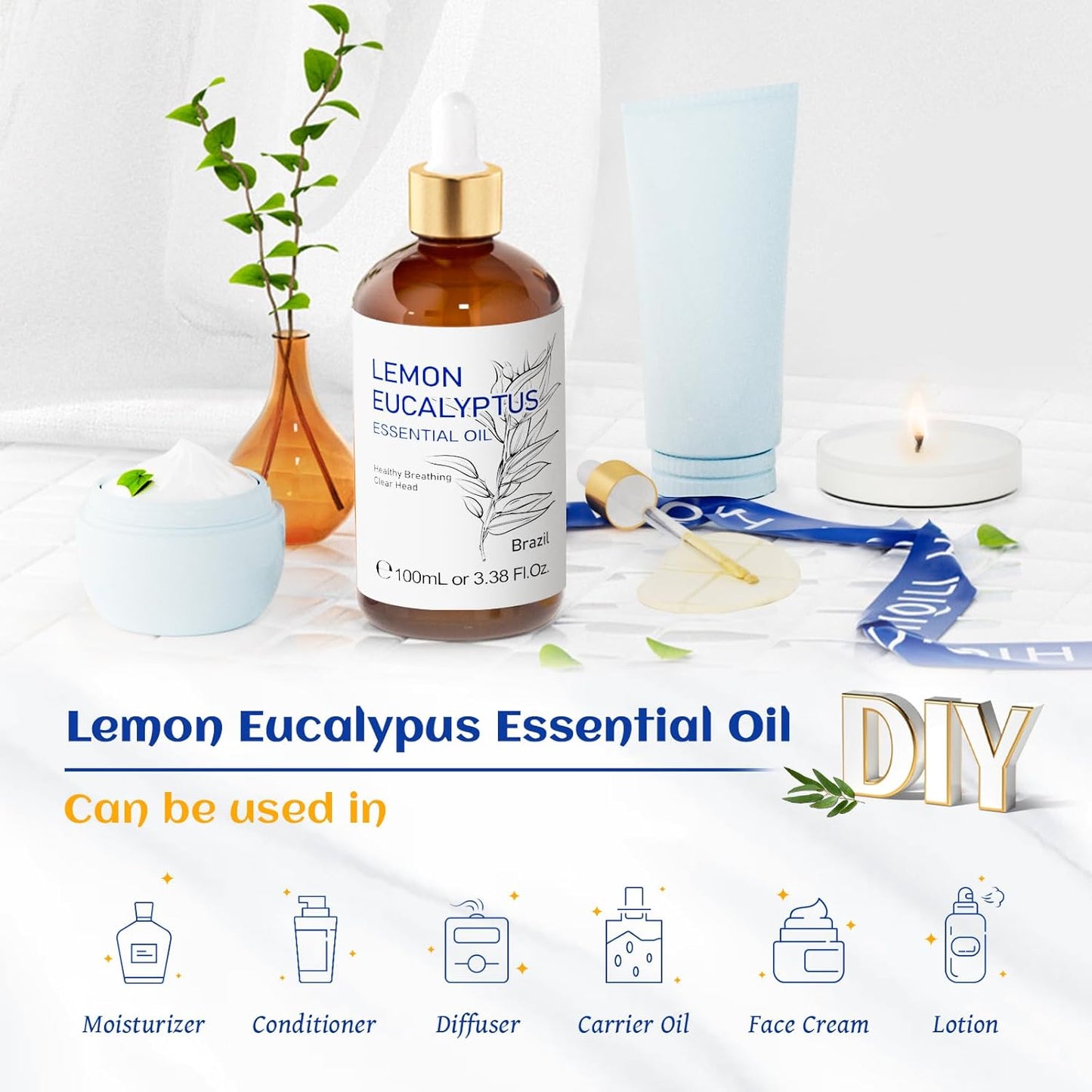 HIQILI Lemon Eucalyptus Oil, for Spary, Diffuser, Indoors, Outdoors, Garden, Yard, 100% Pure Natural - 3.38 Fl Oz