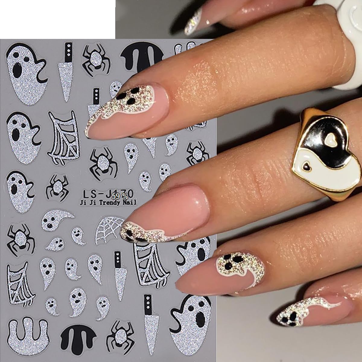 6 Sheets Silver Pumpkin Nail Art Stickers Halloween Nail Stickers Glitter Spider Web Nail Decals Bat French Tips Water Drop Gold Design Shine Sticker for Nail DIY Manicure Supplies for Women