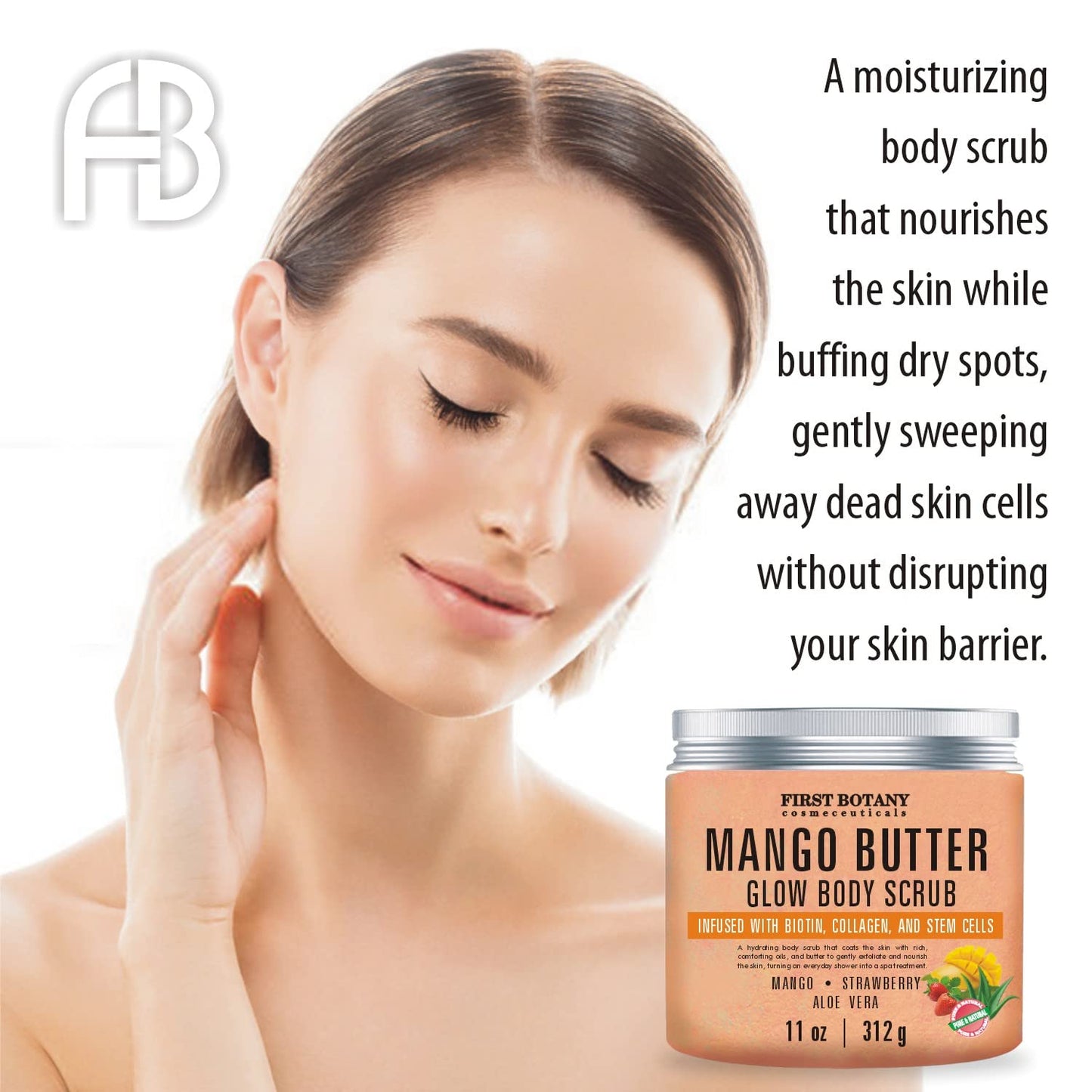 Mango Butter Body Scrub Exfoliator Biotin, Collagen, Stem Cells - Natural Exfoliating Salt Scrub & Body and Face Souffle helps with Moisturizing Skin, Acne, Cellulite, Dead Skin Scars, Wrinkles- 11 oz