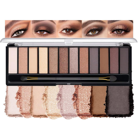 12 Colors Eyeshadow Palette – Neutral Warm Tone Matte & Glitter Eye Makeup Palette, High Pigment Waterproof Eyeshadow Kit for Women – Blendable Natural Brown, Nude, Rose Gold Shimmer Makeup 01#